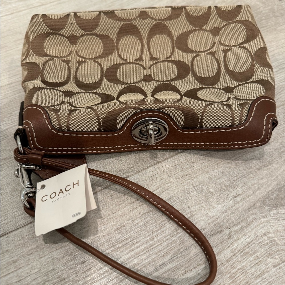 Coach Brown Signature Canvas and Leather turn lock wristlet NWT